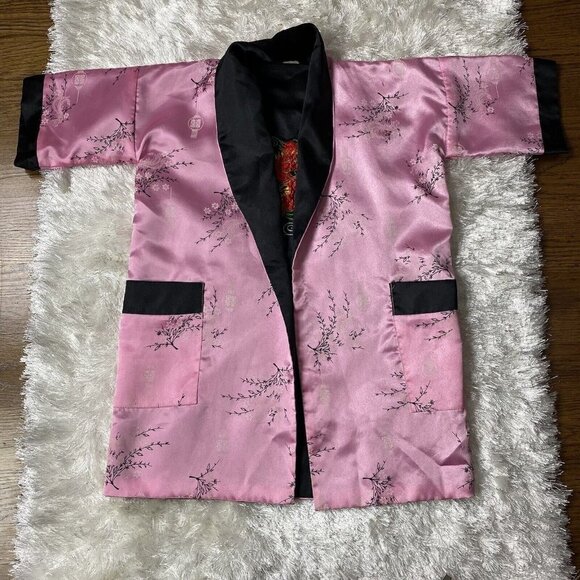 Kids Satin Kimono Robe Asian Embroidered Dragon - Picture 2 of 14